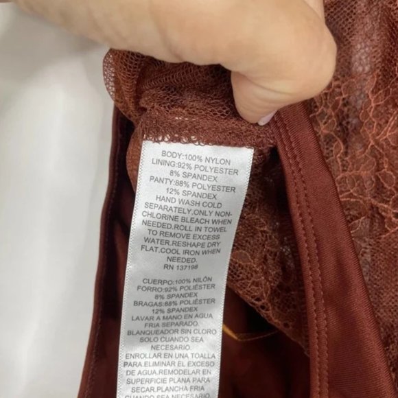 NWT Danielle Bernstein Lace Illusion Thong Bodysuit Warm Brown Mesh - Picture 5 of 5